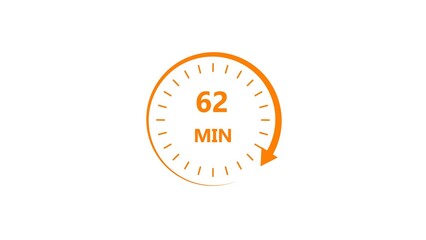Clock icon 62 minute orange color 4k illustration. Stopwatch in flat style 62 minute on white background.