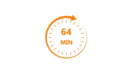 Clock icon 64 minute orange color 4k illustration. Stopwatch in flat style 64 minute on white background.