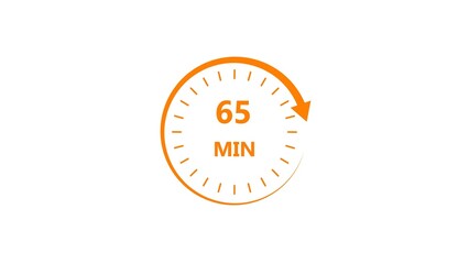 Clock icon 65 minute orange color 4k illustration. Stopwatch in flat style 65 minute on white background.