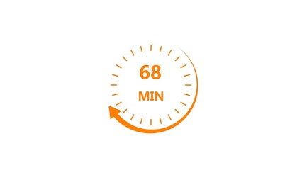 Clock icon 68 minute orange color 4k illustration. Stopwatch in flat style 68 minute on white background.
