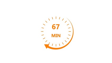 Clock icon 67 minute orange color 4k illustration. Stopwatch in flat style 67 minute on white background.