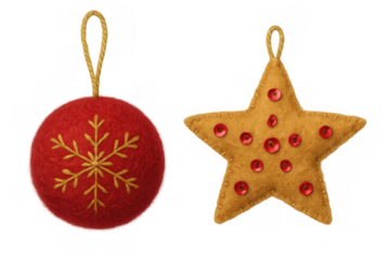 Hand crafted felt christmas ornaments, red snowflake ball and gold sequin star, celebrating holiday season