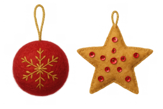 Hand crafted felt christmas ornaments, red snowflake ball and gold sequin star, celebrating holiday season