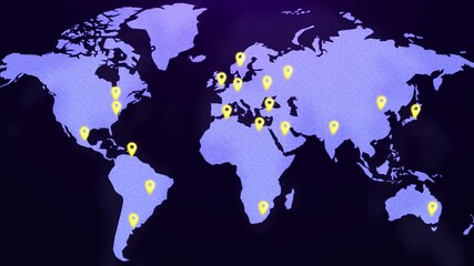 Animated world map with glowing purple pins and soft grain texture. Global network feel for tech, business, data and travel visuals. - Powered by Adobe