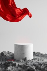 Product display mockup with red fabric and white cylinder stage for marketing and promotion use