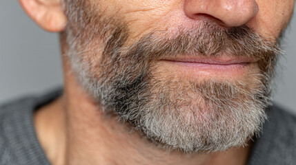 Fototapeta premium Gray beard close-up with healthy texture highlighting a mature man's facial hair, emphasizing the details and craftsmanship of grooming techniques against a neutral background.