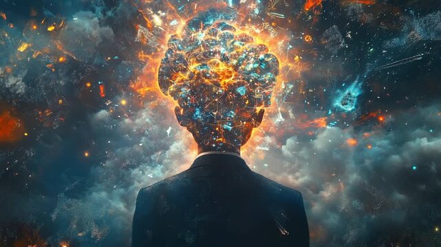 Surreal representation of a person with an explosive mind