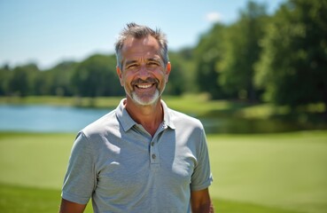 Smiling man poses at golf course during sunny day. Middle aged man wearing polo shirt smiles to camera. Person stands at golf club green enjoying leisure activity.