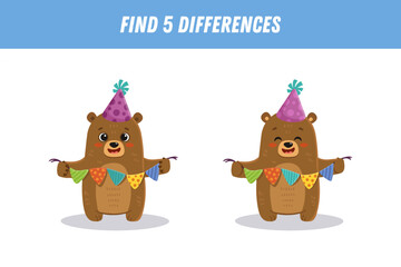 Find 5 differences between two pictures of cute bear with gift. Cute bear in flat style. Activity page. Game for kids. Vector