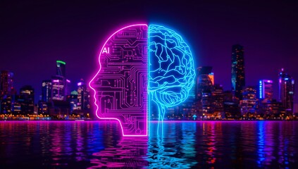 Artificial intelligence and human brain concept in neon city lights digital technology image
