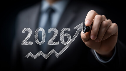 Businessman drawing upward trend and 2026 text with chalk on virtual screen