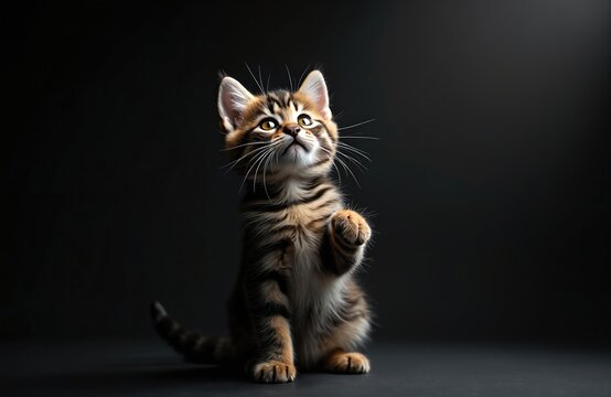 Adorable tabby kitten sits playfully on dark studio background. Little cat looks up, golden eyes showing pure innocence, charm. Young feline fluffy brown fur, striking stripes, white whiskers
