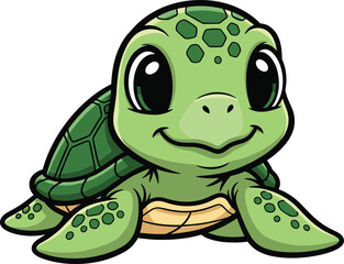 Baby cartoon turtle, cute reptile character, smiling turtle face, friendly kids illustration, green shell detail, adorable animal mascot, vector art