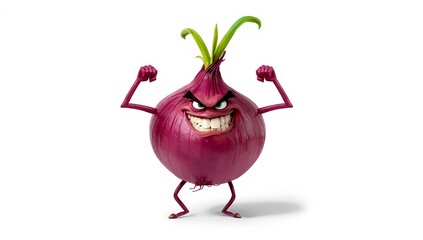 Strong red onion cartoon character flexing muscles isolated on white background stock photo image