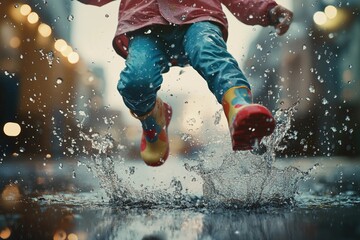 Kid splashing in puddles on rainy day