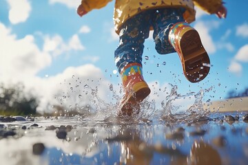 Child jumping into big puddle with splash