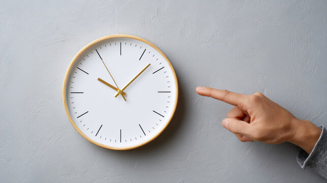 Hand pointing at modern wall clock with minimalistic design on textured gray background indicating time concept