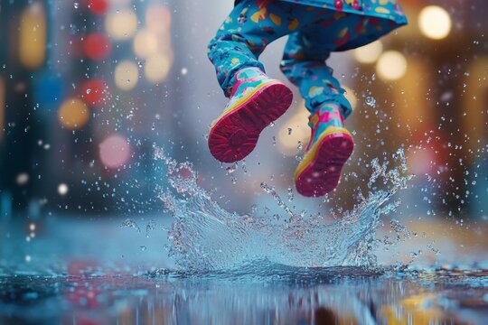 Child jumping into big puddle with splash
