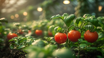 Vibrant ripe tomatoes glistening with water droplets in a sunlit greenhouse garden thrive