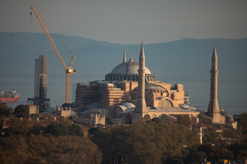 Hagia Sophia minarets at sunset with ongoing restoration