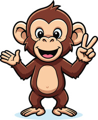 Cartoon monkey character, cheerful animal pose, peace sign gesture, friendly wave expression, cute jungle mascot, smiling face, vector art