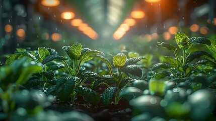 Vibrant green seedlings thrive under warm greenhouse lights, glistening with fresh water droplets, signifying growth and new beginnings.