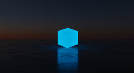 Minimalist surreal landscape with a glowing blue neon cube balancing on a calm sea at dusk. Abstract representing technology, data, blockchain, mystery, and a futuristic digital concept