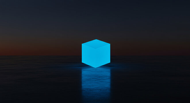 Minimalist surreal landscape with a glowing blue neon cube balancing on a calm sea at dusk. Abstract representing technology, data, blockchain, mystery, and a futuristic digital concept - Powered by Adobe