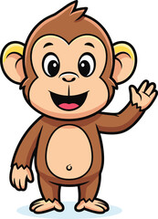Cartoon monkey waving, smiling face, big eyes, friendly animal character, kids illustration, nursery art, vector drawing, beige fur, cute