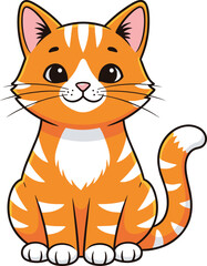 Fototapeta premium Cartoon orange tabby cat, big black eyes, pink nose, white chest, striped fur, sitting pose, vector art, children’s design, isolated background