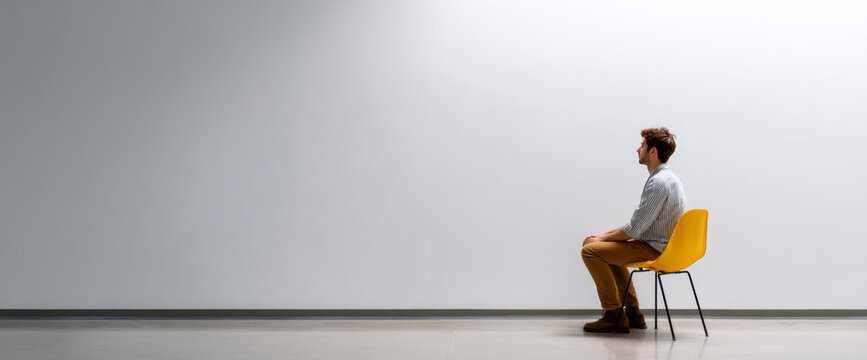 Young man sitting alone on a yellow chair against a large blank white wall in a minimalist modern space