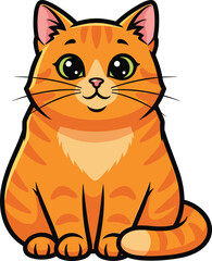 Cartoon orange tabby cat, green eyes, pink nose, striped fur, cream chest, sitting pose, vector art, children’s design, isolated background