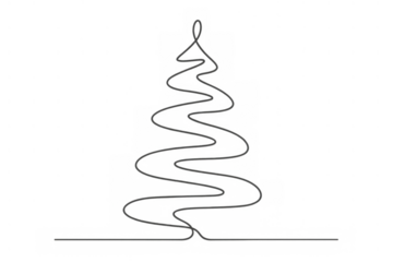 Continuous line drawing forming a christmas tree silhouette with a minimalist, abstract design on a transparent background for holiday themes