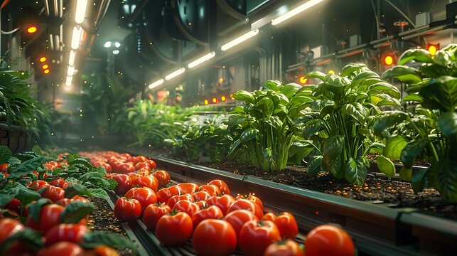 Vibrant hydroponic farm showcases rows of ripe tomatoes and lush green plants under bright artificial lights