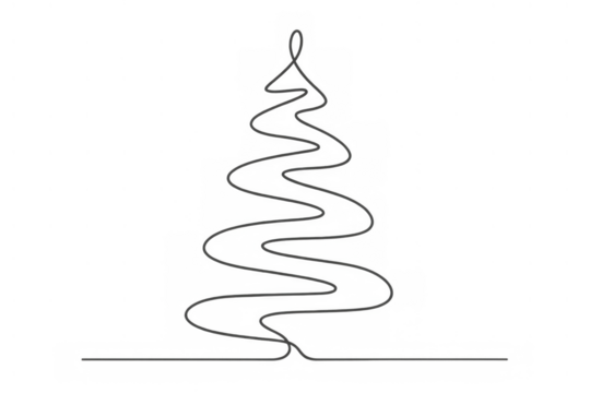 Continuous line drawing forming a christmas tree silhouette with a minimalist, abstract design on a transparent background for holiday themes