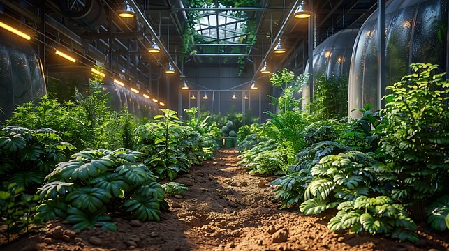 Lush green plants thriving in a modern, sunlit greenhouse with warm artificial lighting - Powered by Adobe