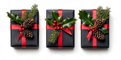  Christmas gift boxes with red ribbon, holly leaves, and pine cones isolated on a transparent background. 