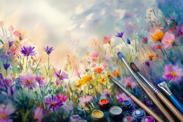 Artist painting vibrant watercolor landscape