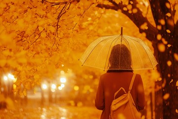 Woman walking through park with orange leaves