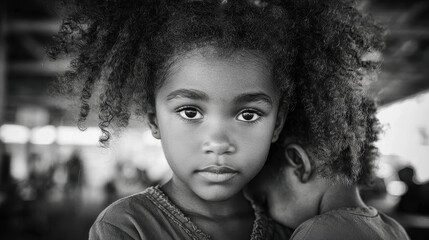 Young girl with curly hair looking directly at the camera, soft expression, black and white photography, indoor setting with blurred background, emotional portrait.