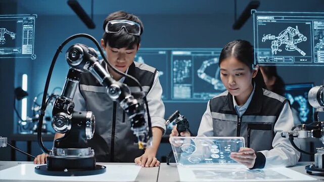 Robotics students innovating with welding sparks and digital displays - Powered by Adobe