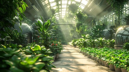 Sunlight streams through lush greenhouse illuminating rows of vibrant green plants, promoting growth and life