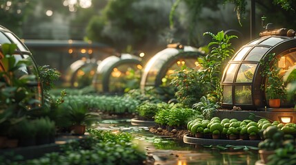 Lush greenhouse filled with vibrant green plants and futuristic pods bathed in warm golden sunlight
