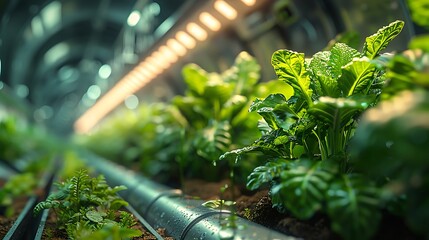 Vibrant green plants thrive under artificial grow lights in a modern, controlled agricultural environment