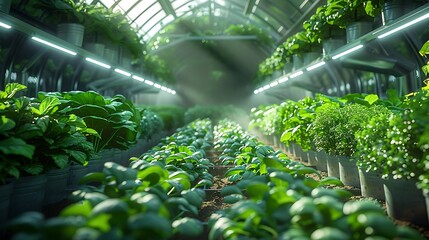 Vibrant greenhouse rows bursting with lush, healthy greens under bright grow lights