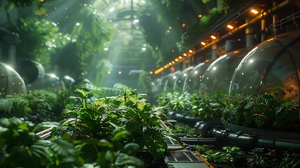 Vibrant futuristic greenhouse with lush plants and glowing lights, showcasing advanced agricultural technology and sustainable growth