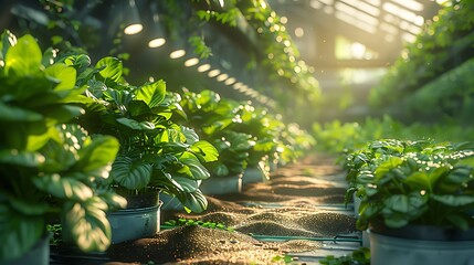 Lush green plants thrive in a sunlit greenhouse nurturing vibrant growth and a fresh, natural atmosphere