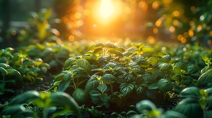 Lush green basil plants thriving in warm sunlight, perfect for culinary inspiration and healthy living.