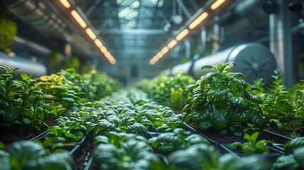 Vibrant green plants thrive in a modern indoor vertical farm illuminated by warm LED grow lights