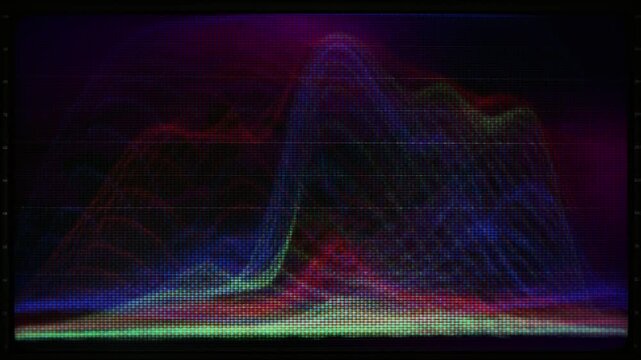 Scanner lines analyzer, visualizing abstract mountain range spectrum. Full frame, abstract rgb waveform, displaying complex sound or video data on a retro screen